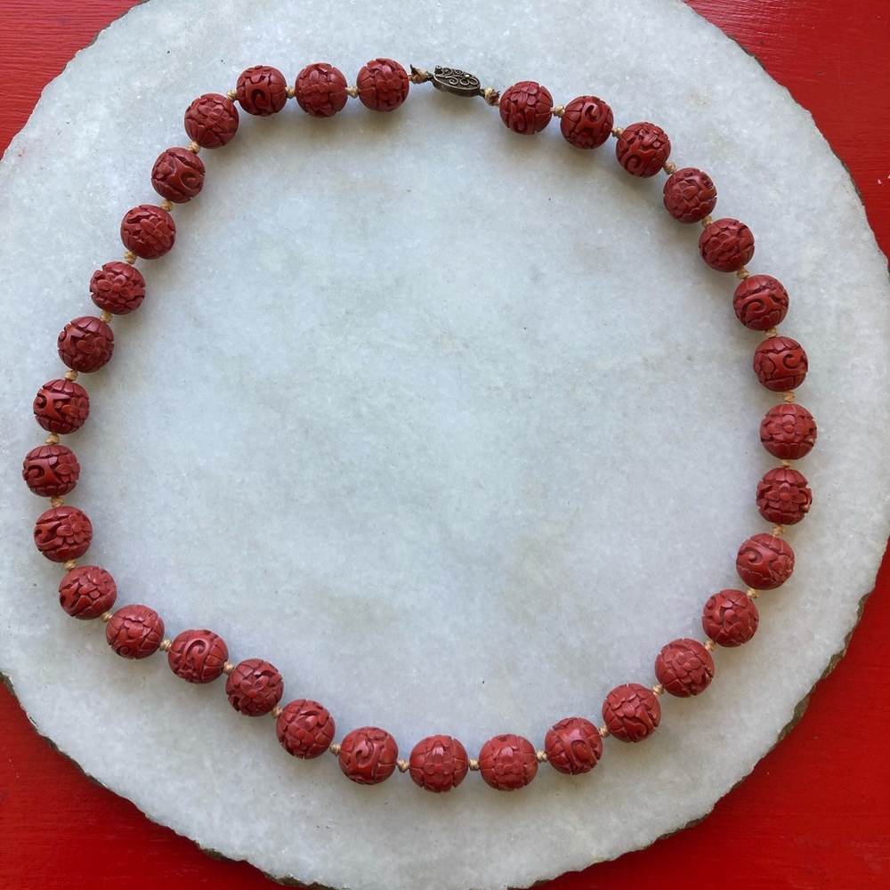 Vintage Hand Carved Red Cinnabar Necklace x Stamped Sterling Silver Clasp